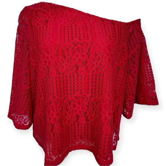 Laundry By Shelli Segal One Shoulder Lace 1/4 Sleeve Blouse M Red - Picture 1 of 6
